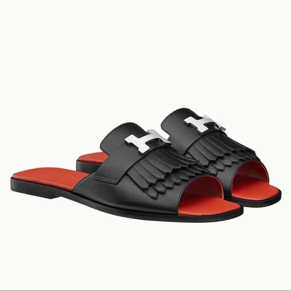 Hermes H Logo Auteuil Fringe Leather Slides - Picture 1 of 7